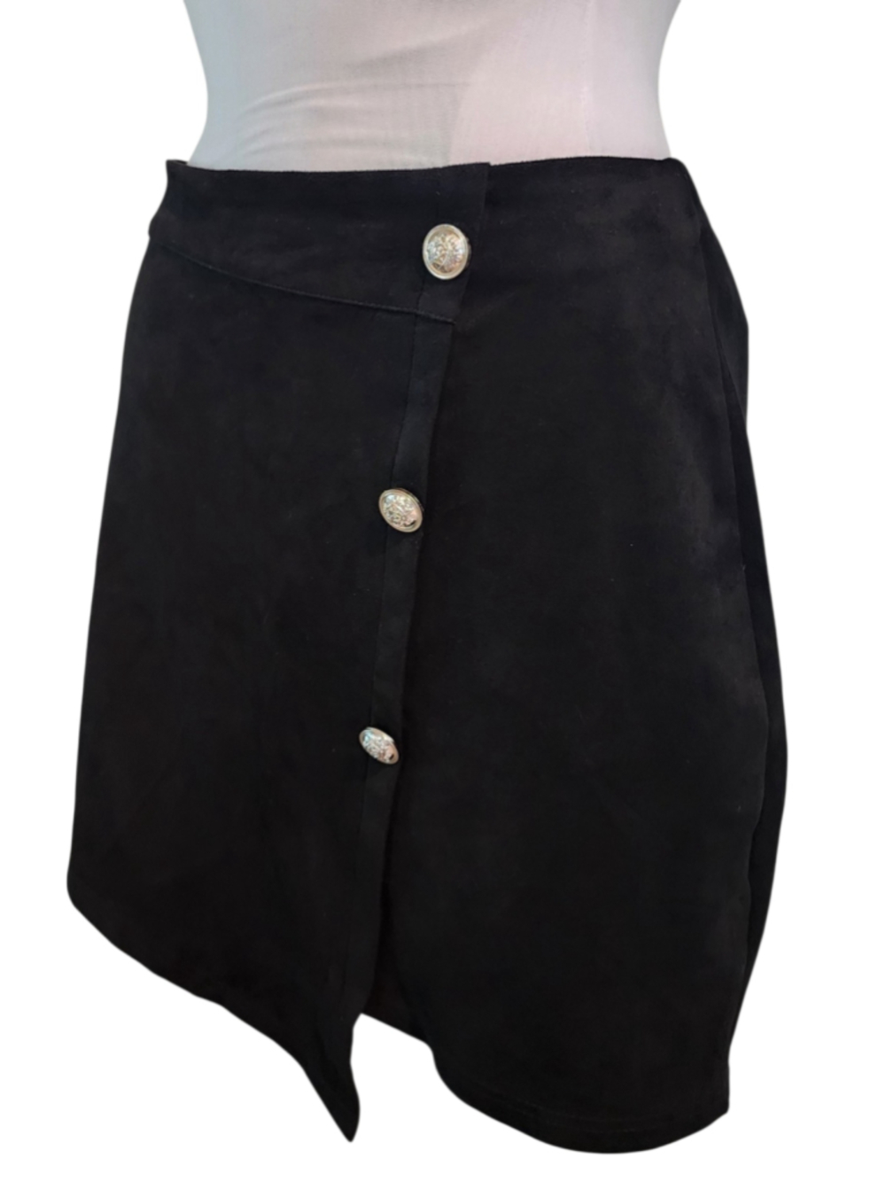 Faux Suede Skirt Black Asymmetric Gold Medallion Button Mini Shein Curve 1XL